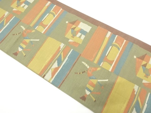 JAPANESE KIMONO / FUKURO OBI / SILK / WOVEN SQUARES & HOUSES & ANIMALS